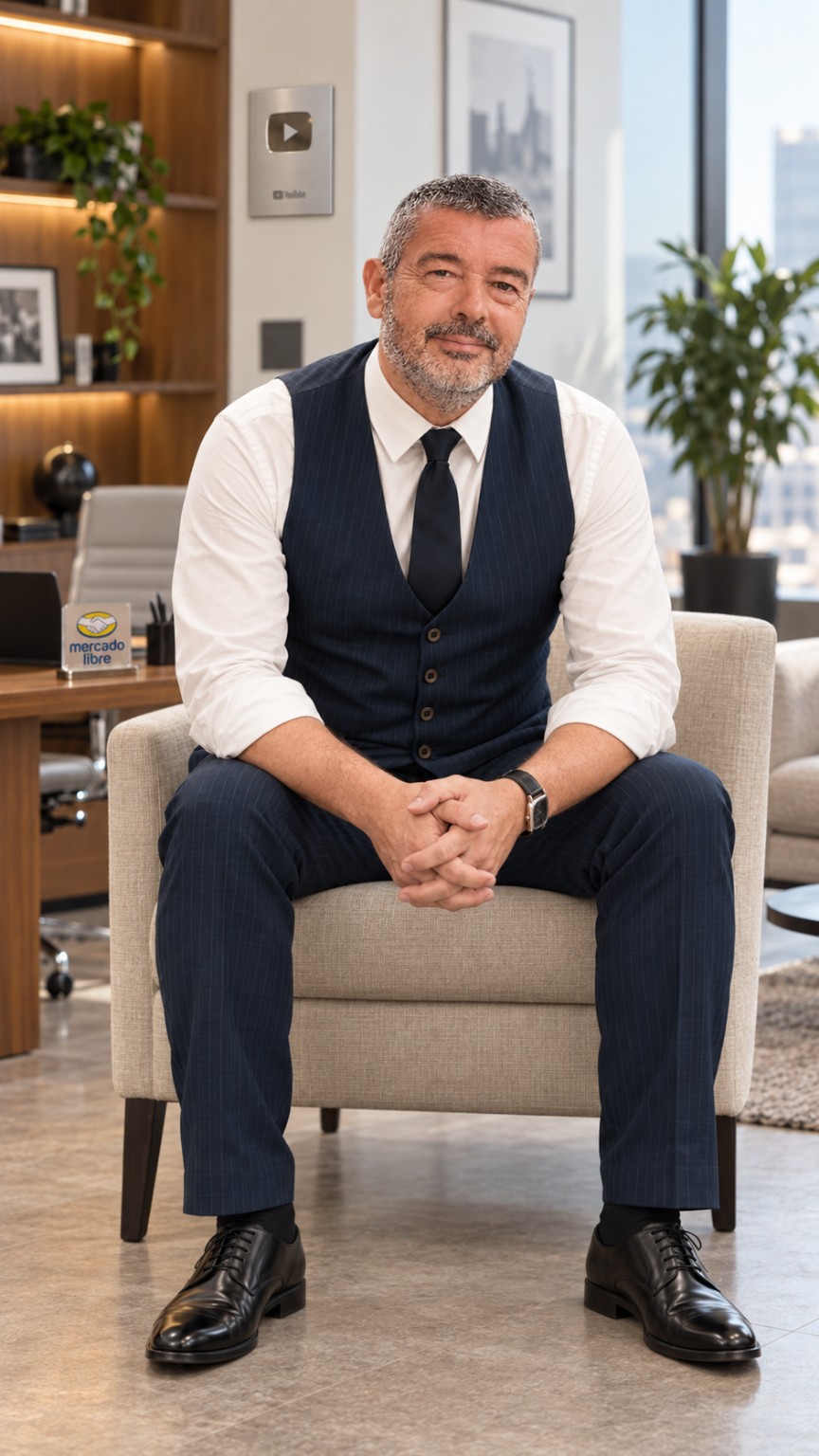 Edgardo A. Díaz sentado en un sillón en su oficina, con camisa blanca, chaleco y corbata